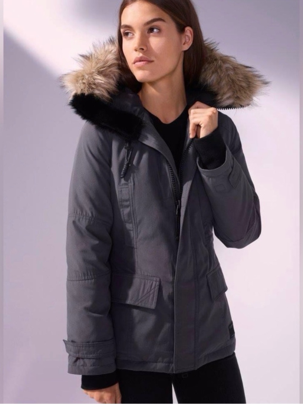 TNA Larsen Hooded Parka in Gray with Black Trim